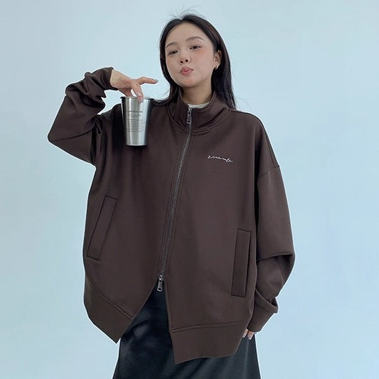 Double Zipper Stand Collar Loose Jacket OS2041