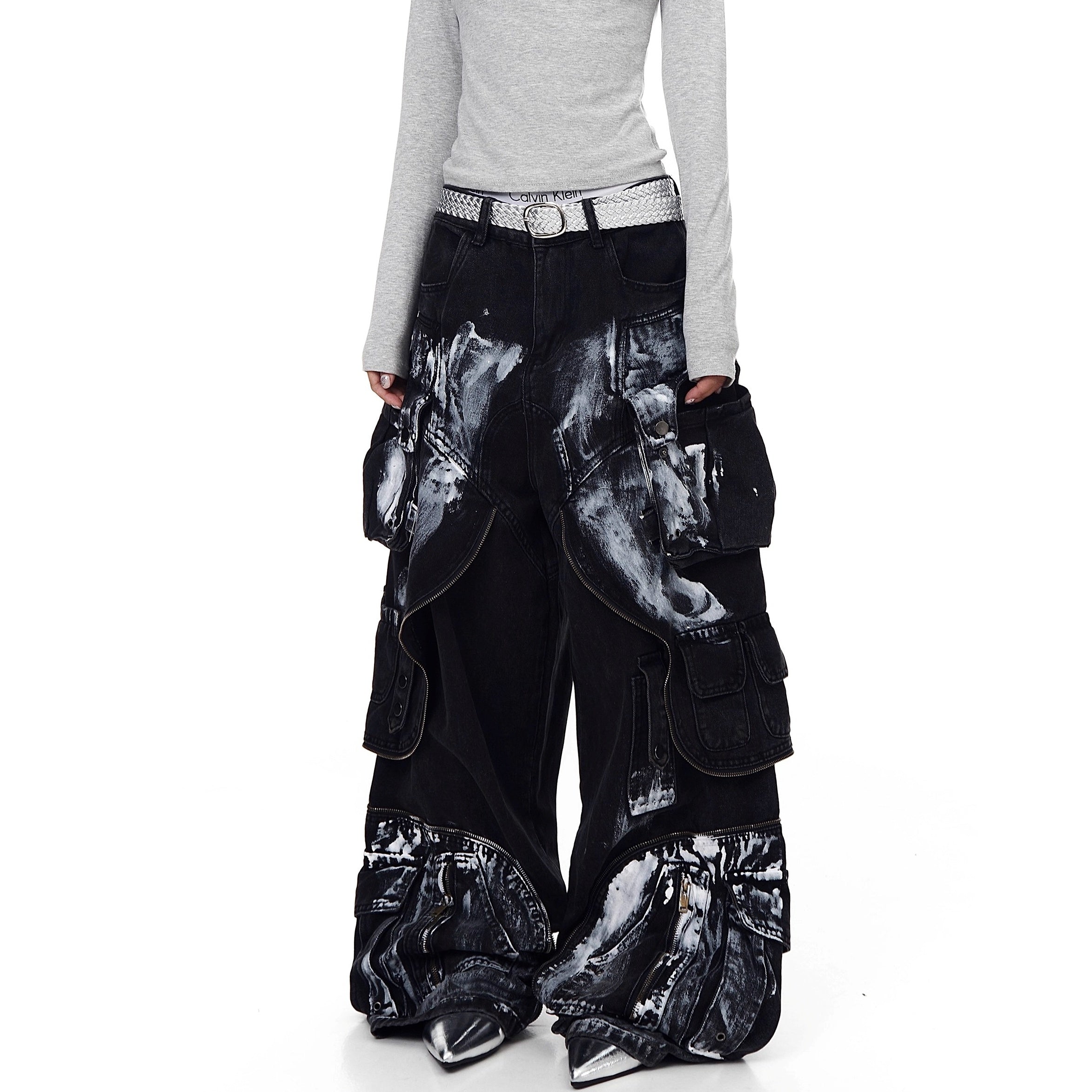 Dirty Worn Zipper Splicing Cargo Jeans BK7043