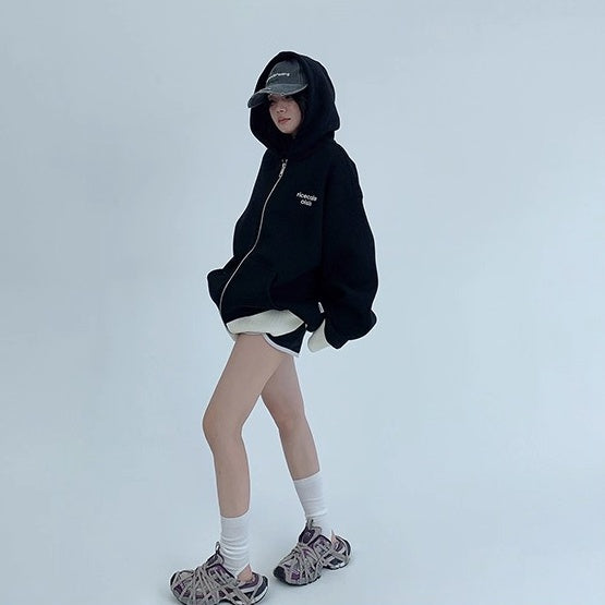 Contrast Embroidery Zip Hooded Jacket OS2043