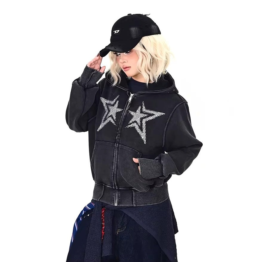 Rhinestone Star Decoration Hooded Parka MW10387