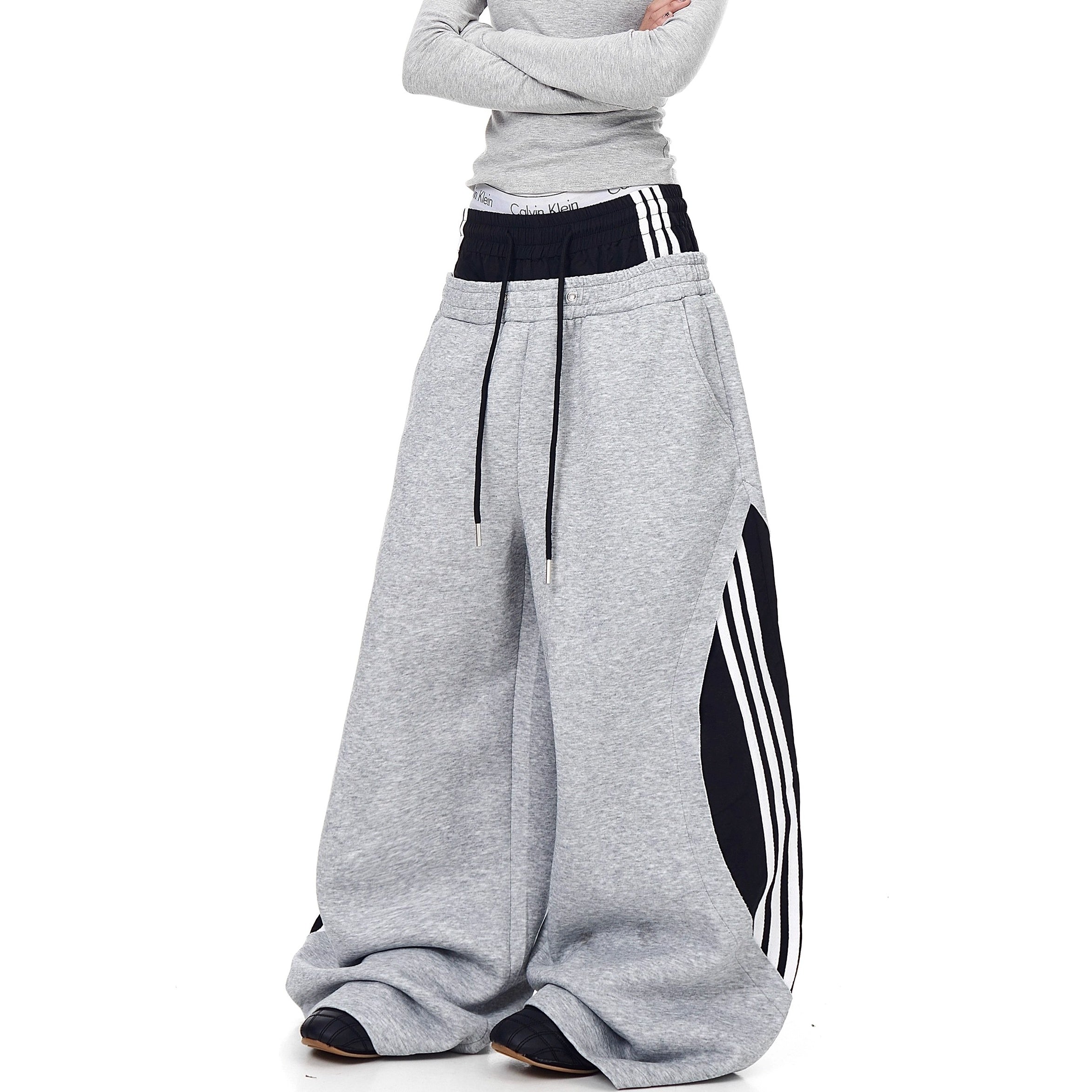 Double-Waist Striped Splicing Scimitar Sweat Pants BK7050