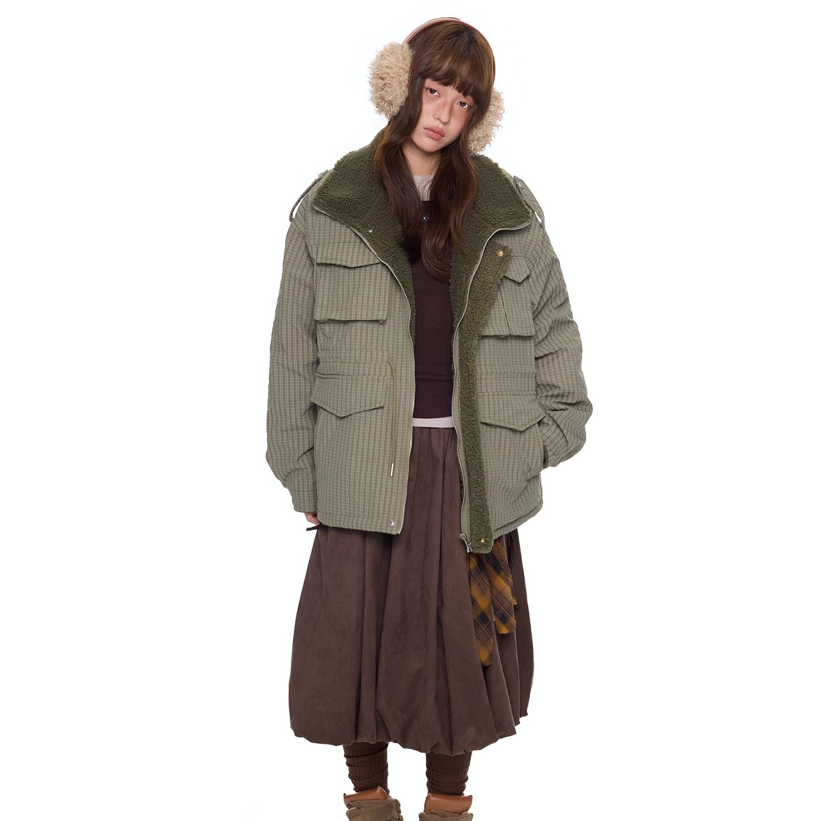 Fluffy Plaid Cargo Pocket Padded Jacket EZ284