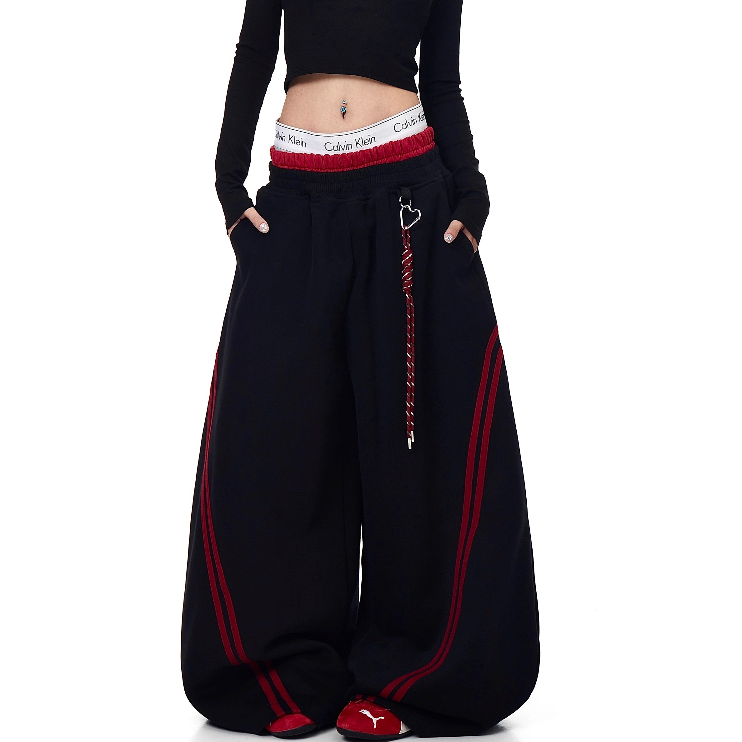 Striped Patchwork Double-waisted Scimitar Sweat Pants BK7044