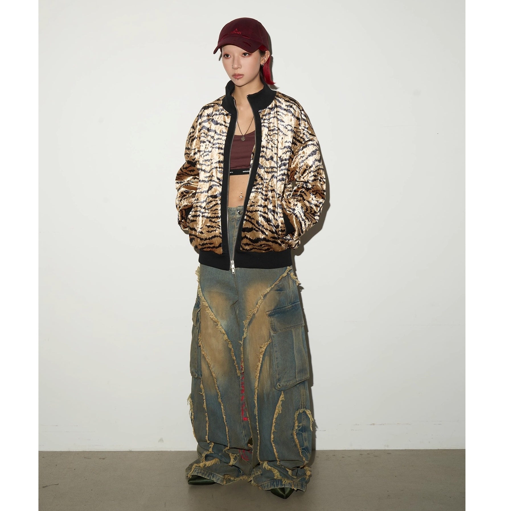 Pigment Print Raw Edge Wide Cargo Jeans MN9047