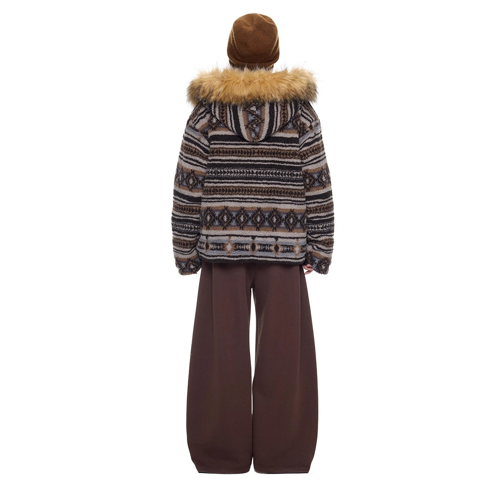 Ethnic Pattern Fur Collar Hooded Jacket EZ280