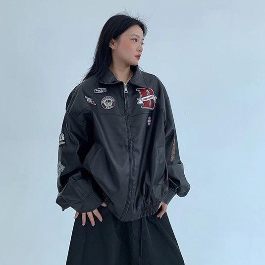 Vintage PU Leather Loose Embroidered Jacket OS2028