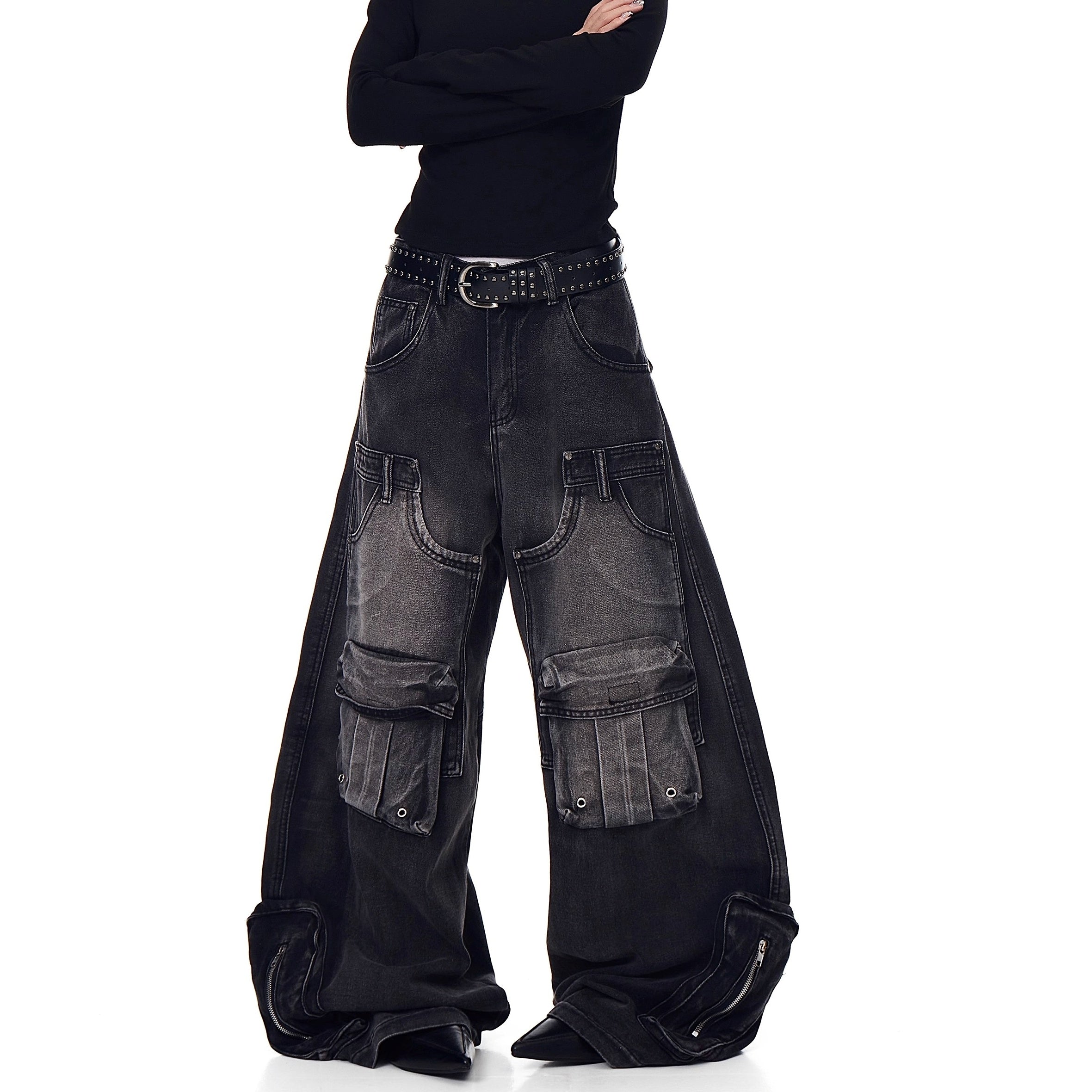 Deconstructed Multi-Pocket Damage Wide Jeans BK7004