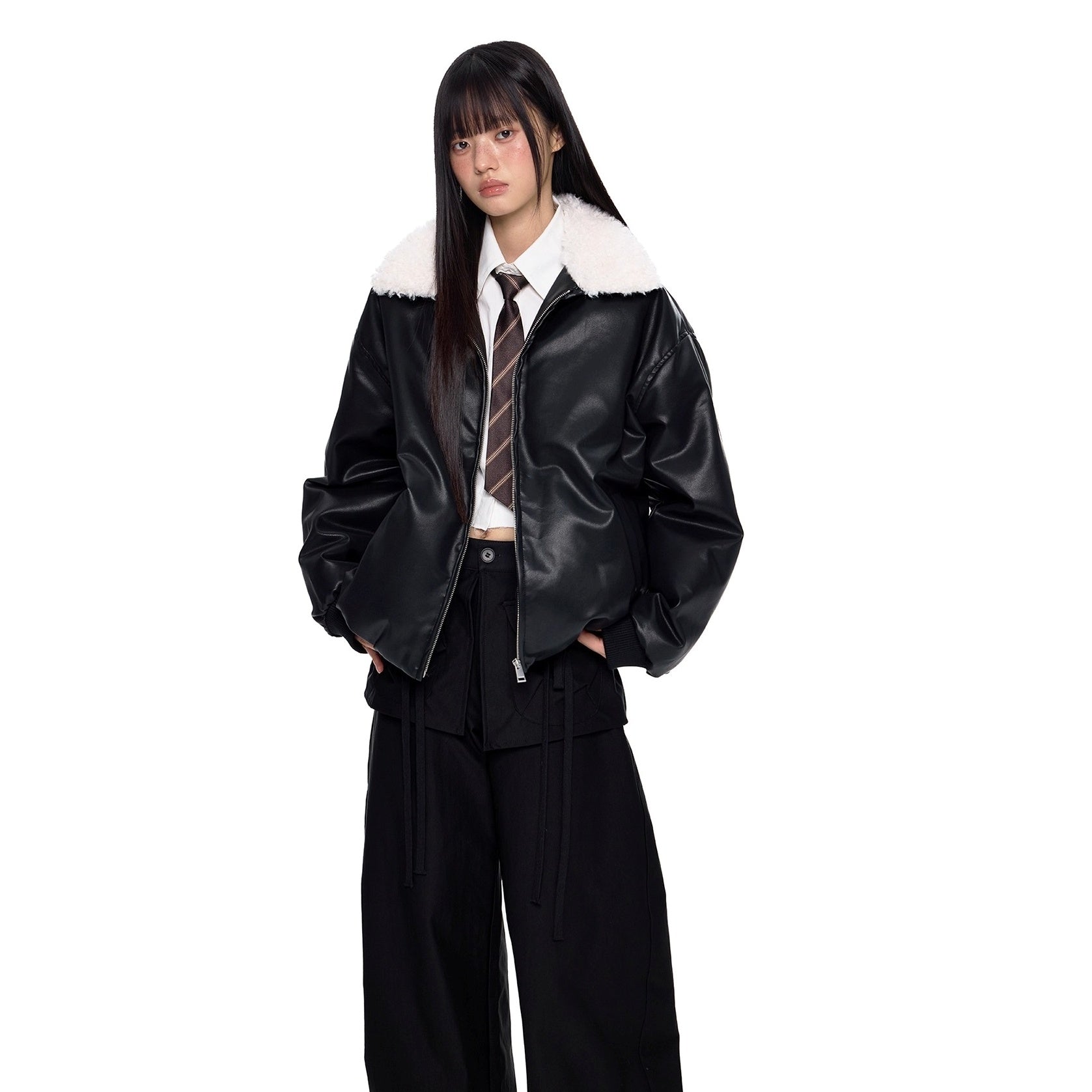 Contrast Lapel PU Leather Jacket EZ255