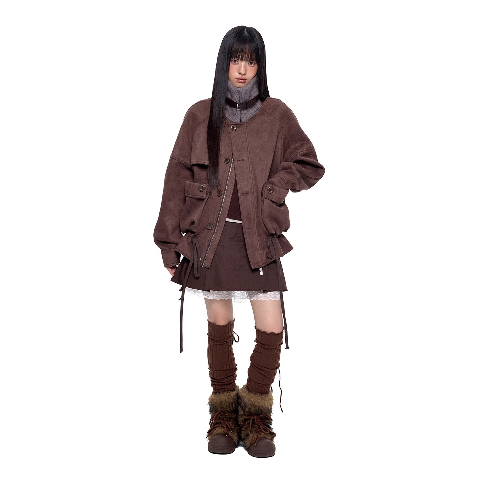 Knitted High Neck Drawstring Faux Suede Jacket EZ252