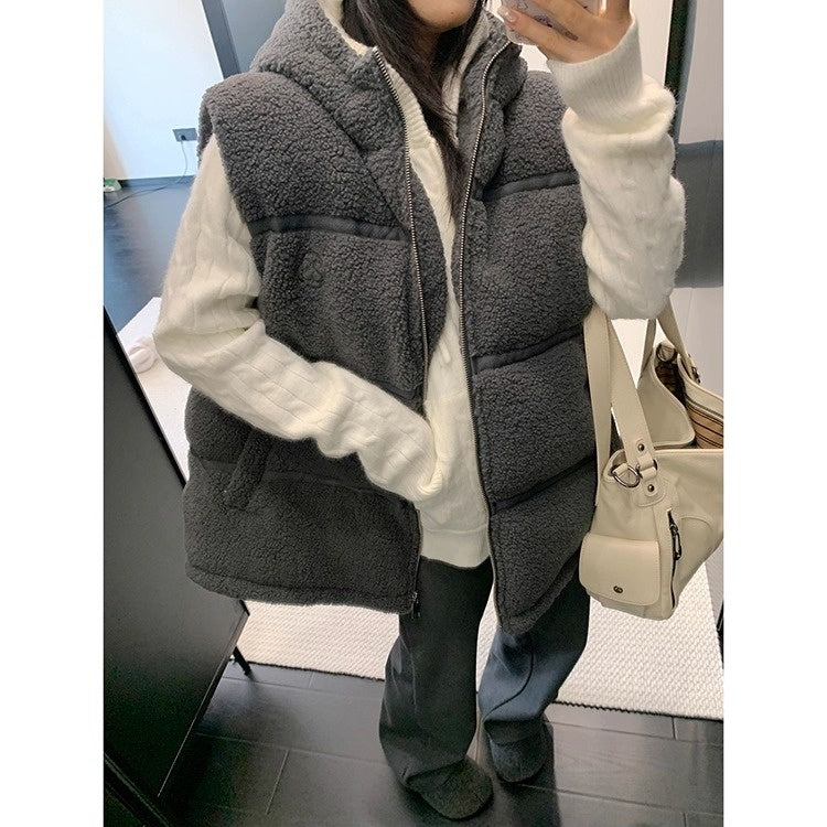 Loose Hooded Boa Padded Vest OS2073