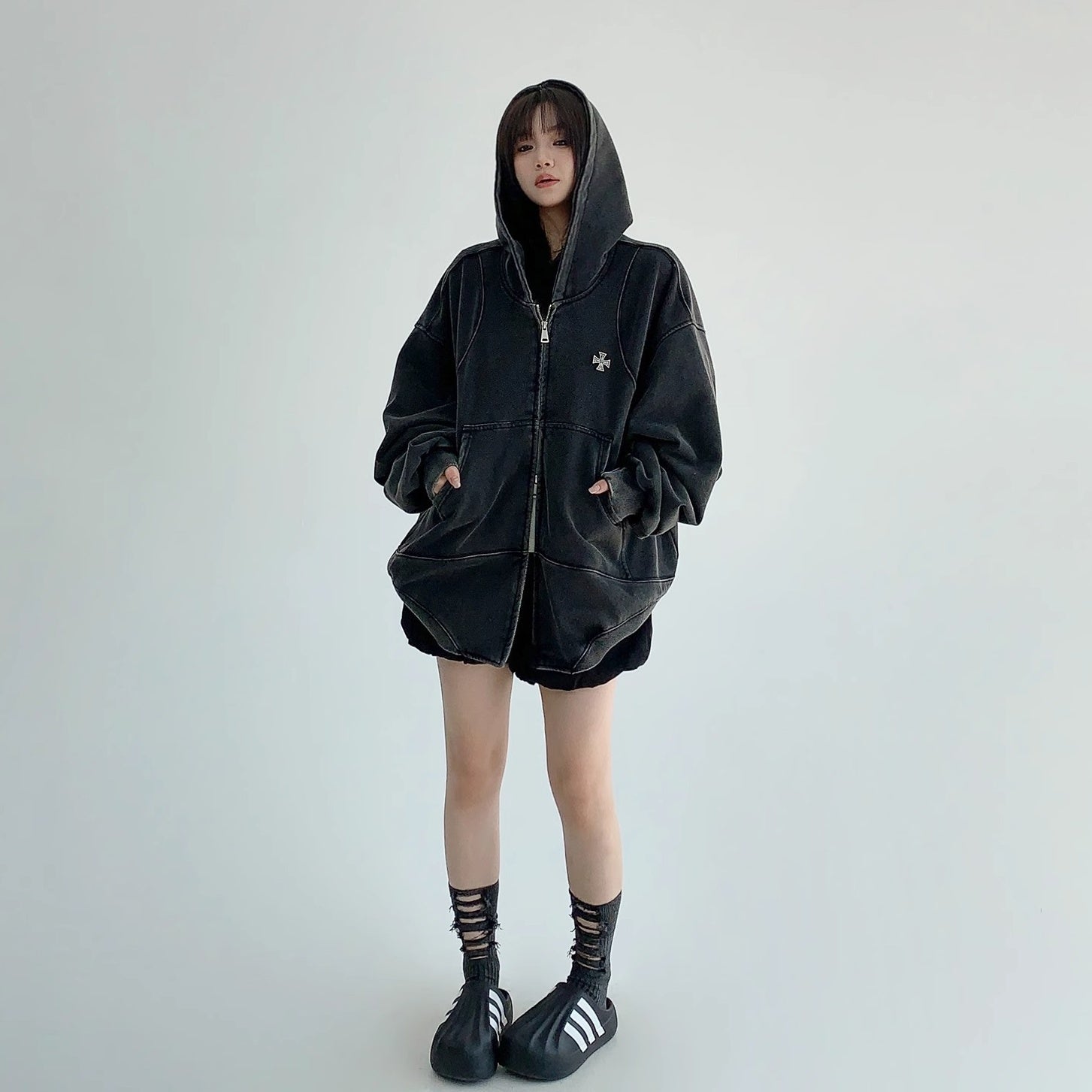 Wash Vintage Cross Badge Loose Hooded Jacket MW10281
