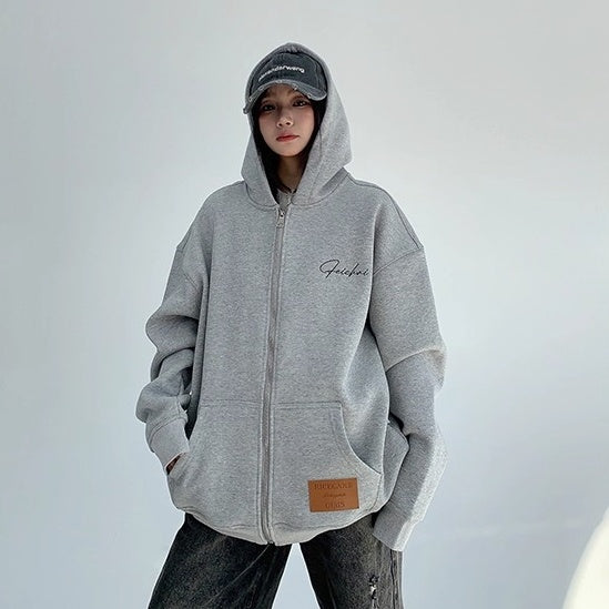 Back Letter Embroidery Hooded Jacket OS2051