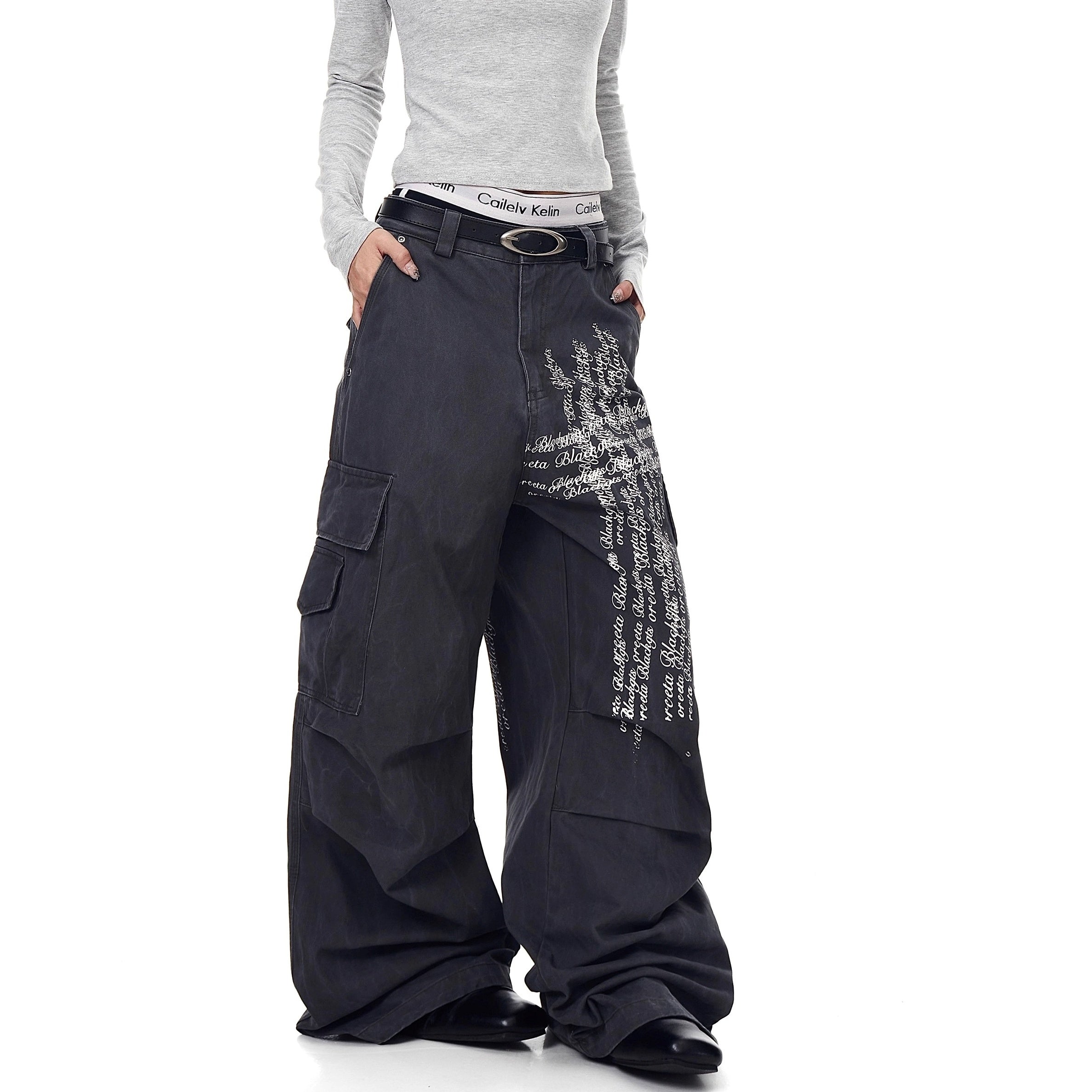 Washed Pleated Letter Print Cargo Pants BK7013