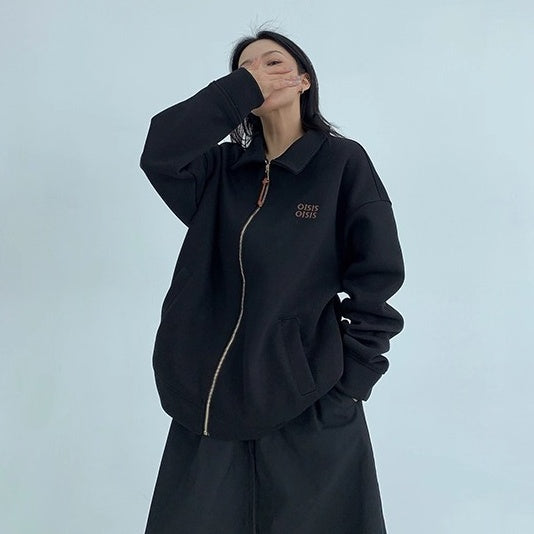Drop Shoulder Embroidered Lapel Sweat Jacket OS2040