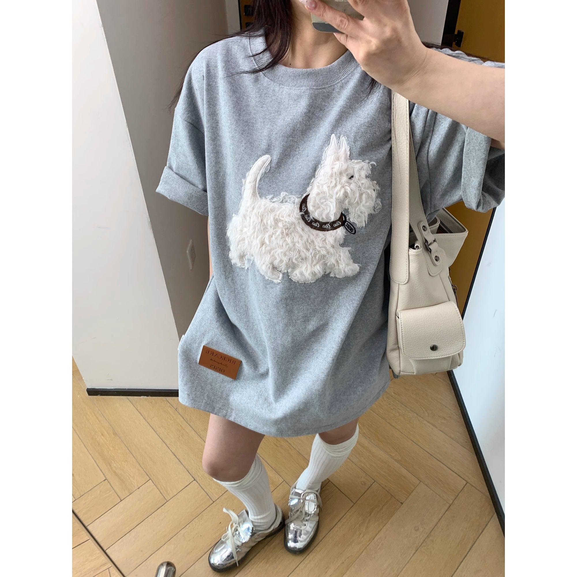 Cartoon Plush Dog Embroidery Loose T-shirt OS2007