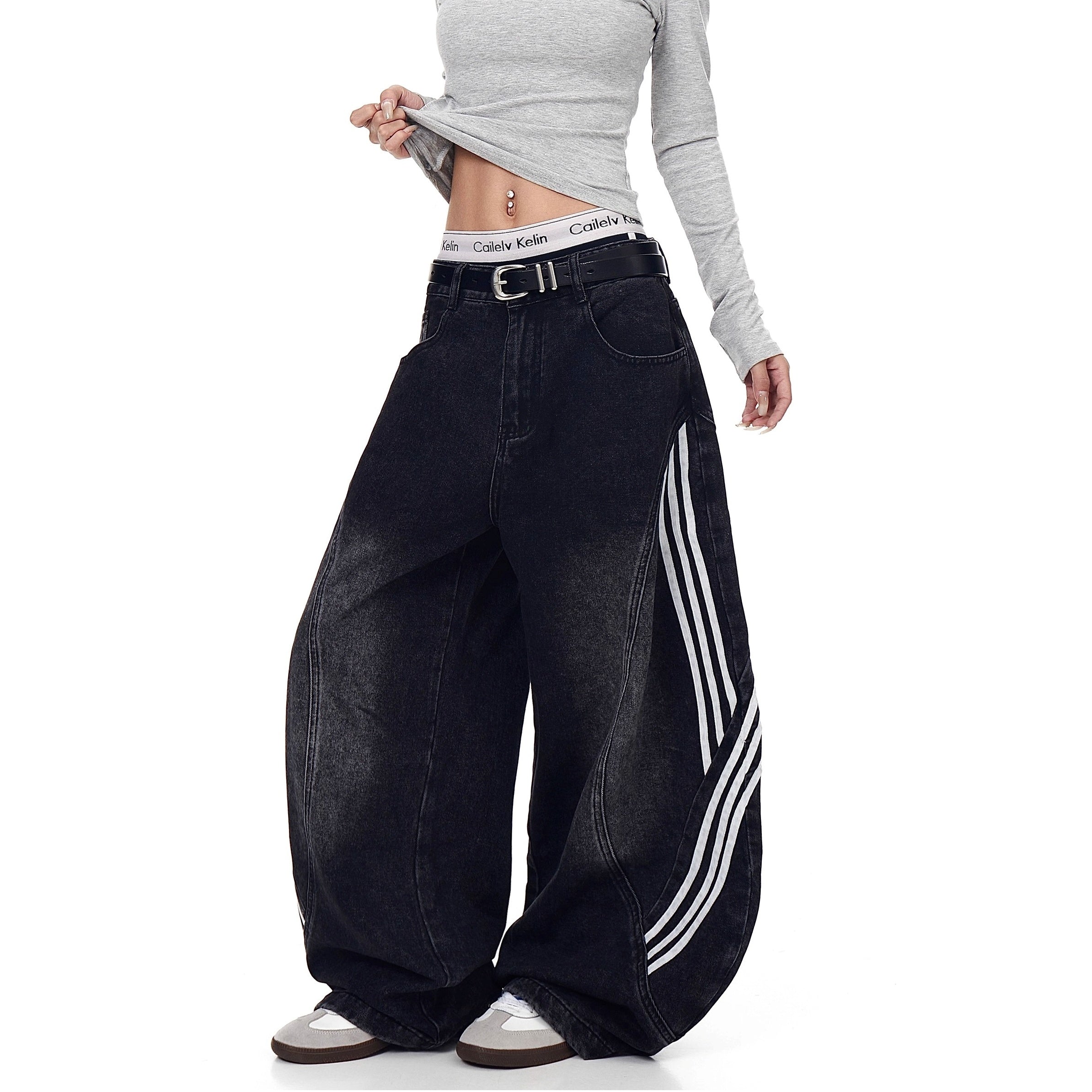 Striped Patchwork Washed Scimitar Jeans BK7031