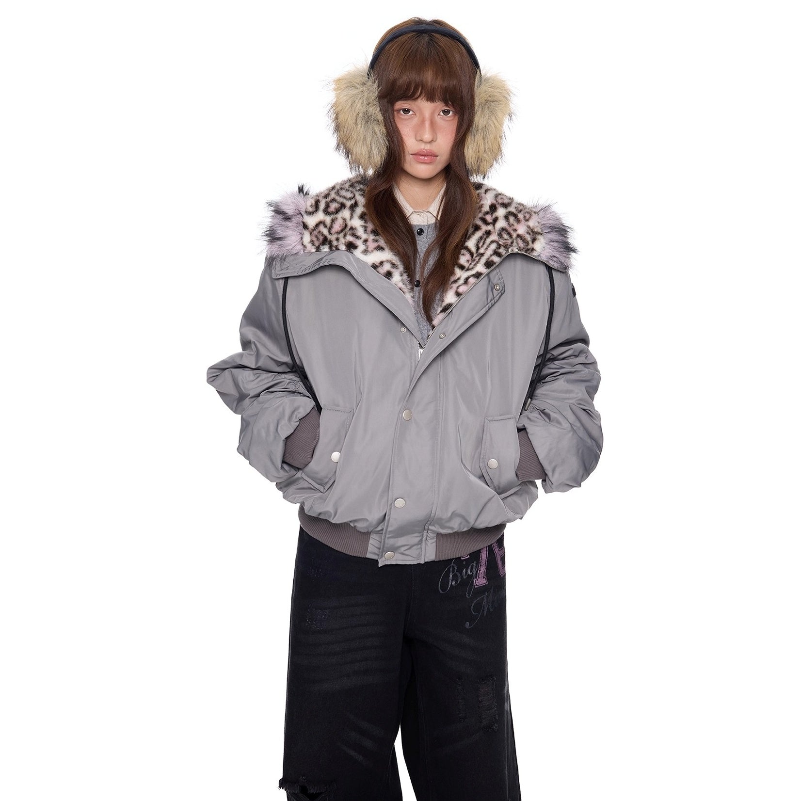 Leopard Liner Fur Short Hooded Jacket EZ273