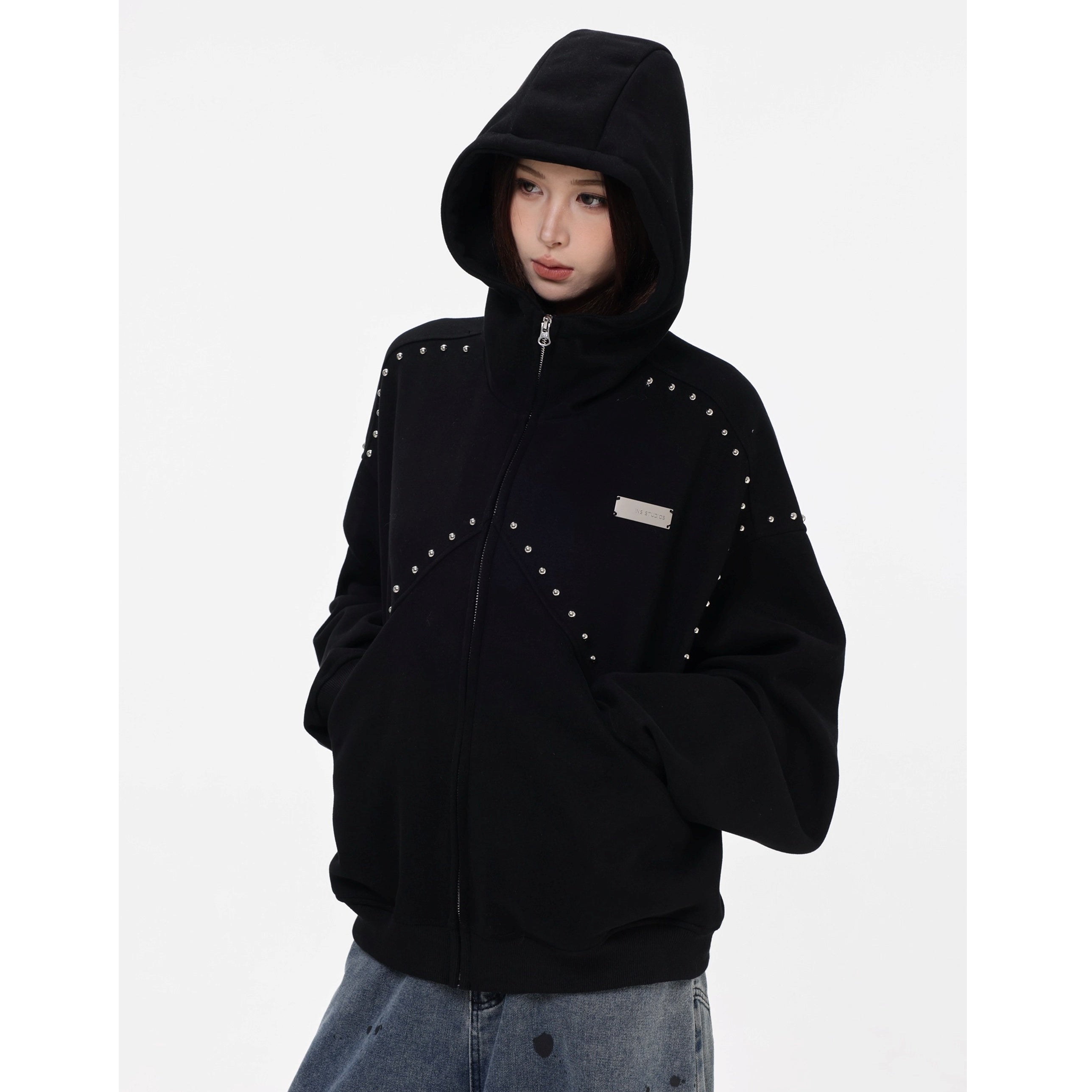 Stitched Rivet Zipper Hooded Jacket IN7016