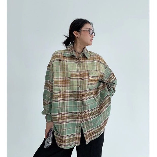 Distressed Gradient Plaid Long-sleeved Shirt OS2022