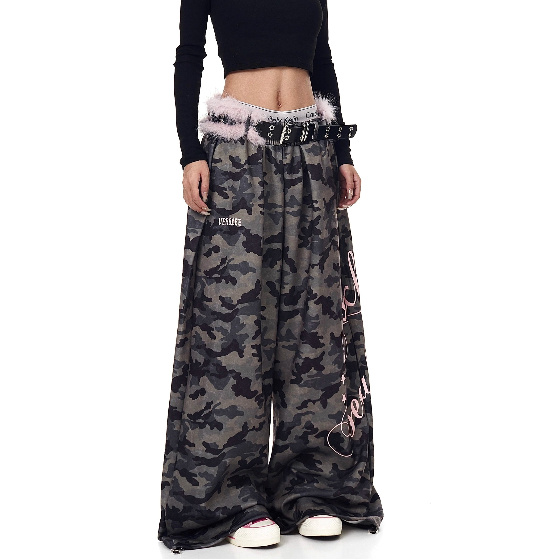 Letter Print Wide Sweat Pants With Fur Belt BK7026
