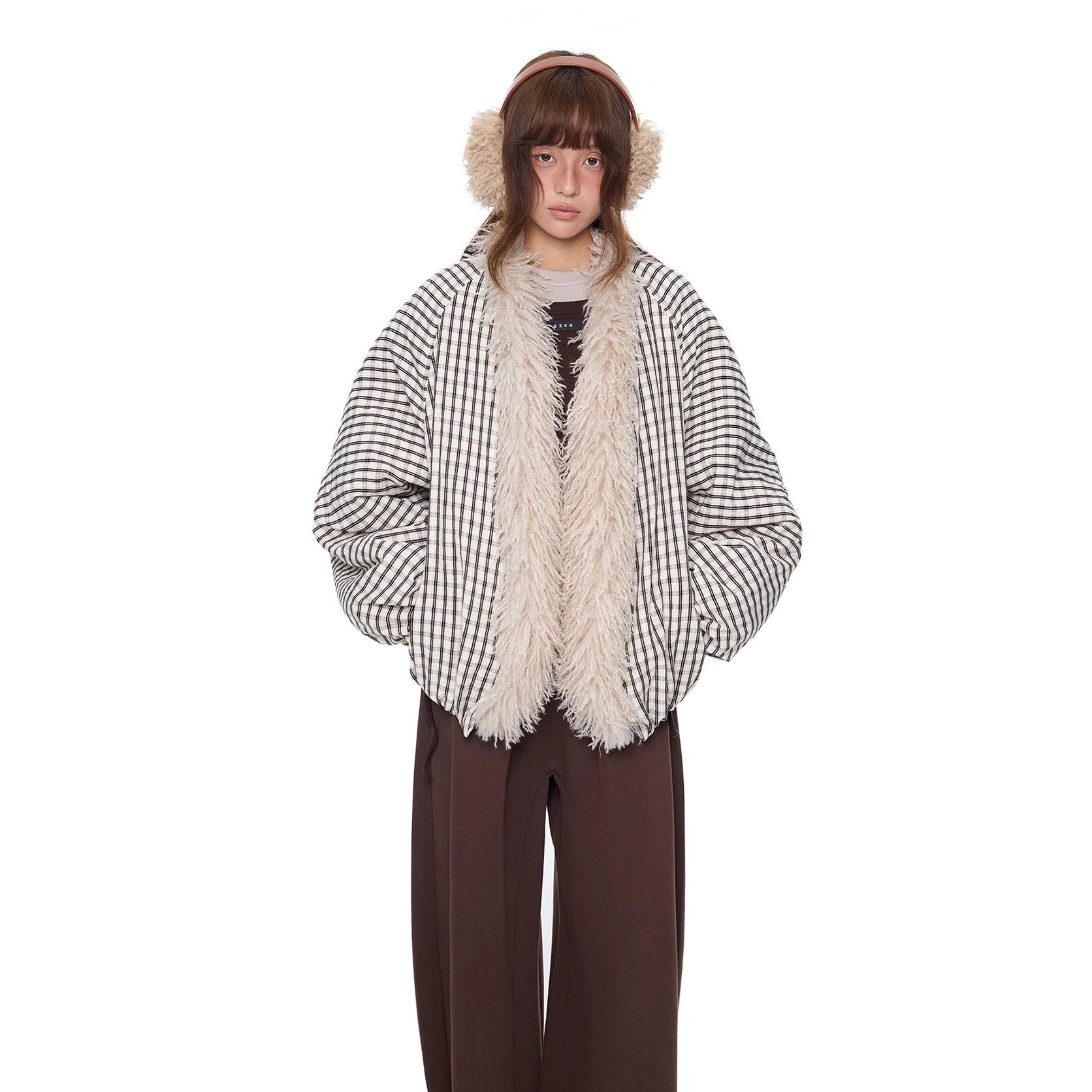 Plaid Fur No-Collar Padded Jacket EZ292