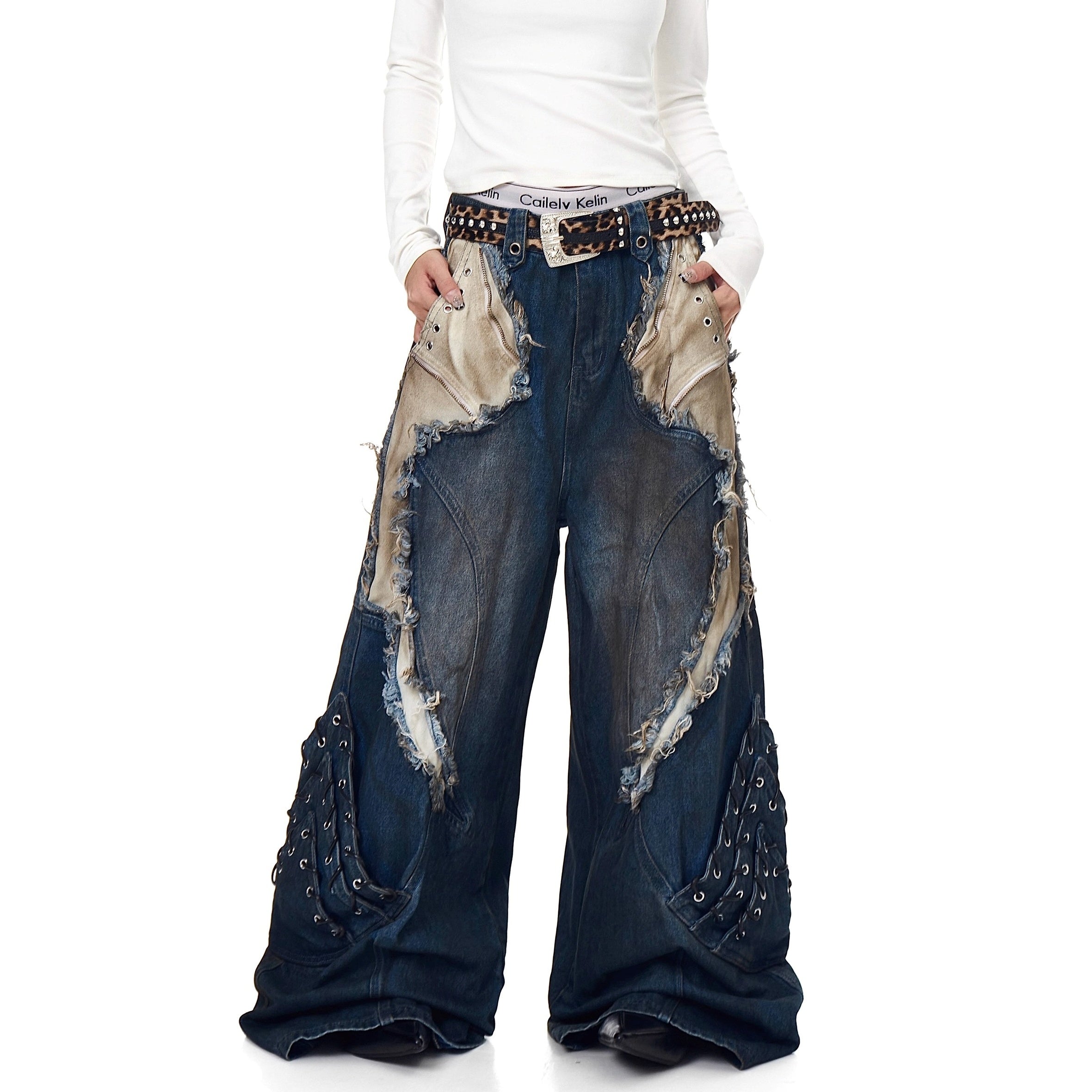 Industry Old Stained Patchwork Wide-leg Jeans BK7017