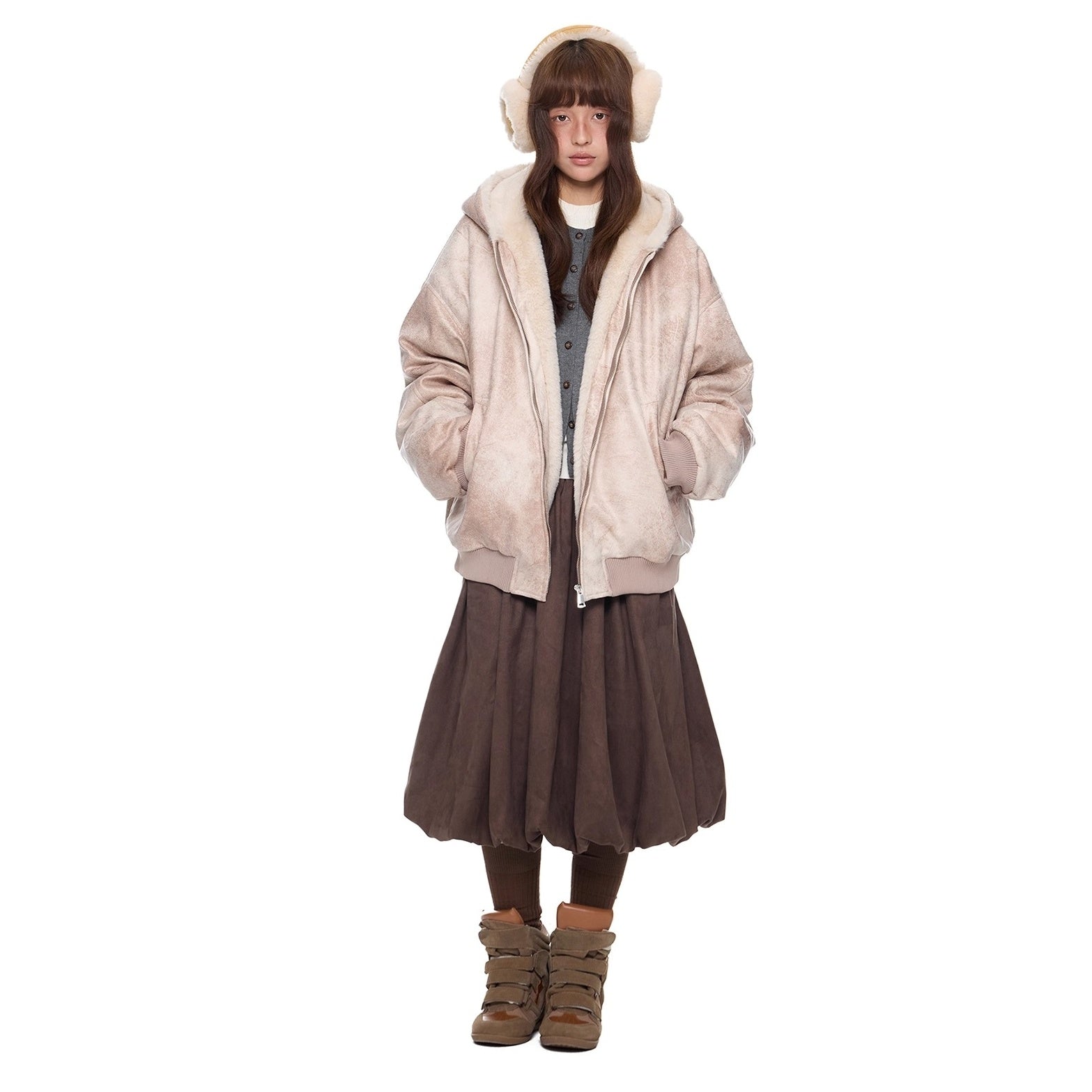 Furry Hooded PU Leather Loose Jacket EZ288