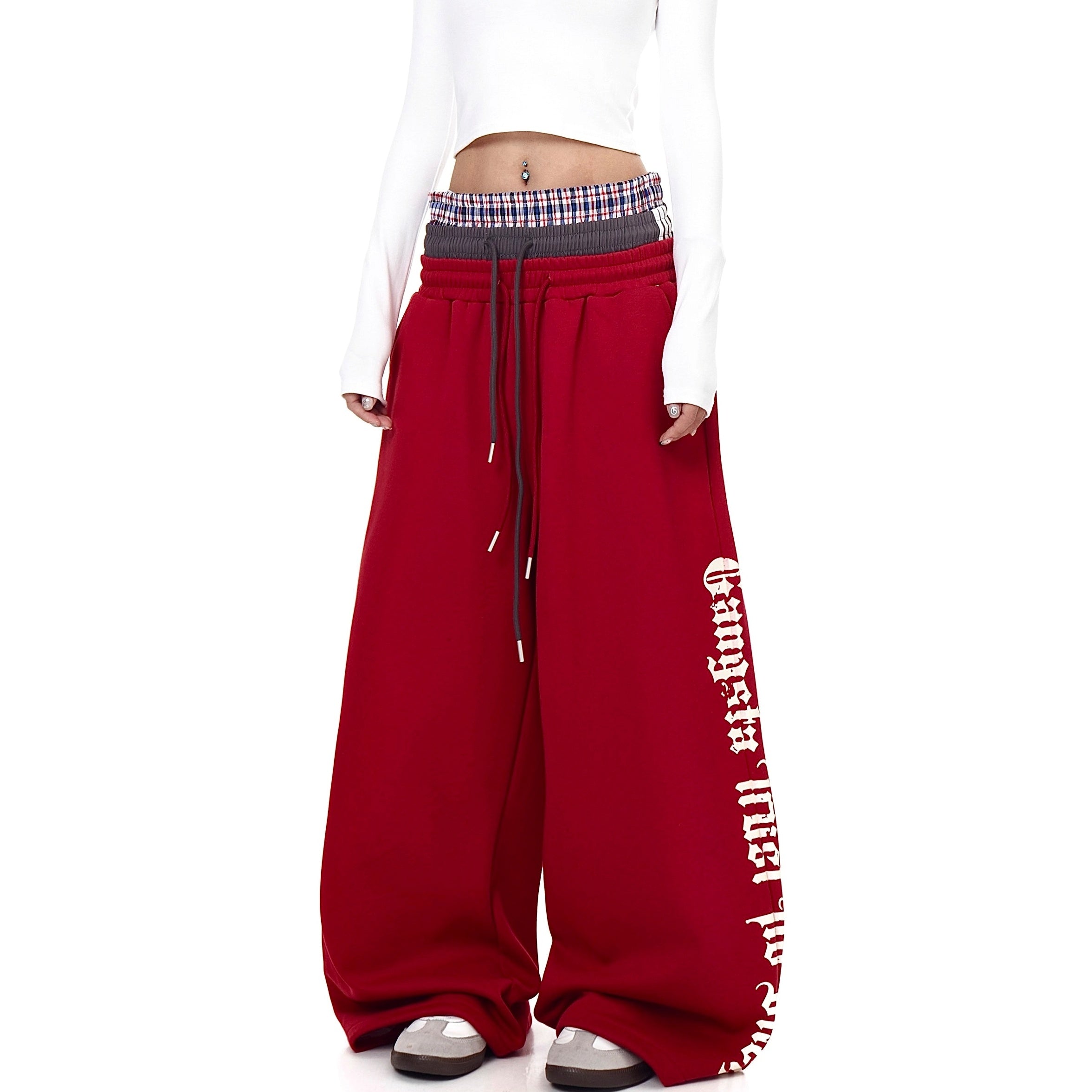 Triple-waist Patchwork Letter Drawstring Sweat Pants BK7063