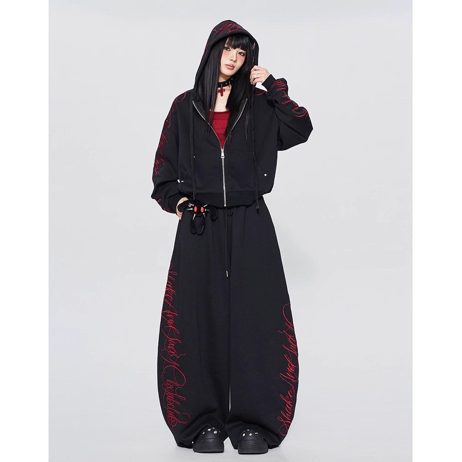 【上下別売り】Gothic Letter Embroidery Hooded Sweat Parka & Pants Set-up CB1001
