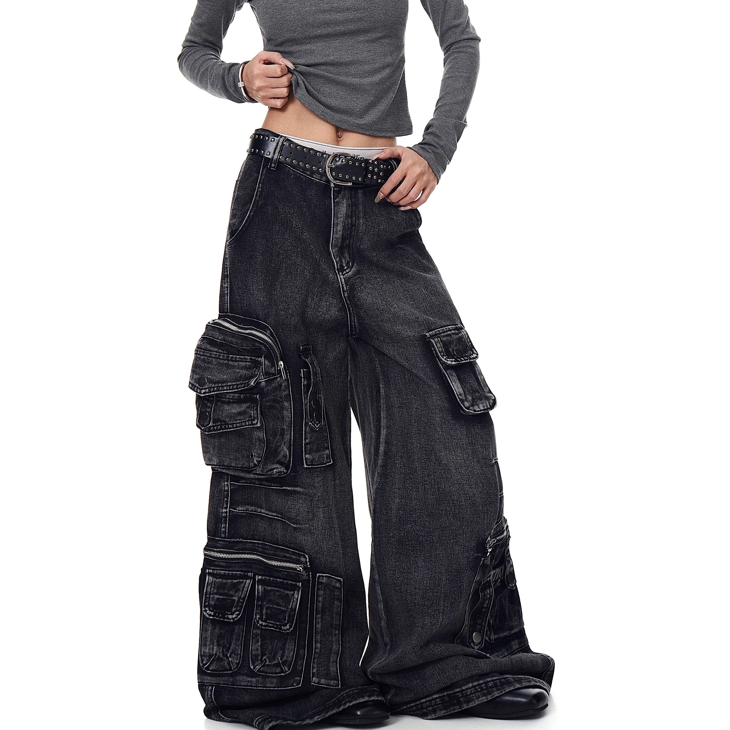 Washed Wide Buggy Cargo Jeans BK7028