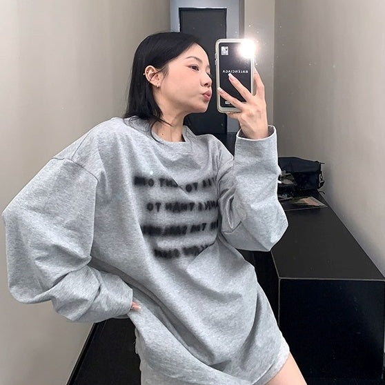 Smudged Letter Print Long Sleeves T-shirt OS2034
