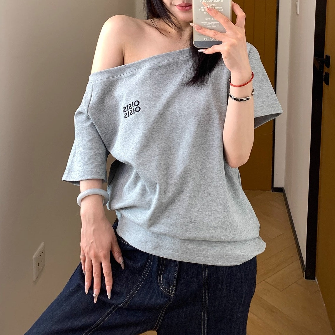 Cropped Slanted Shoulder Embroidered T-shirt OS2017