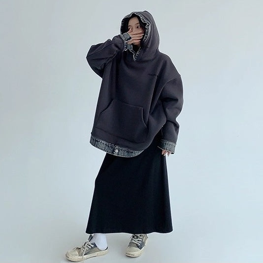 Contrasting Splicing Denim Hooded Sweat OS2056