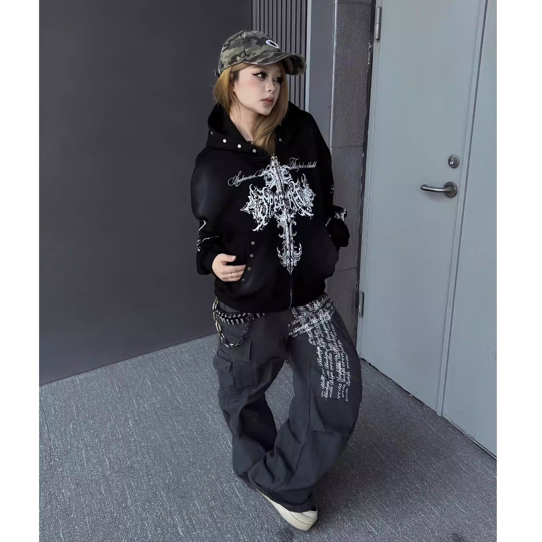 Stained Cross Print Hoodie Jacket MW10335