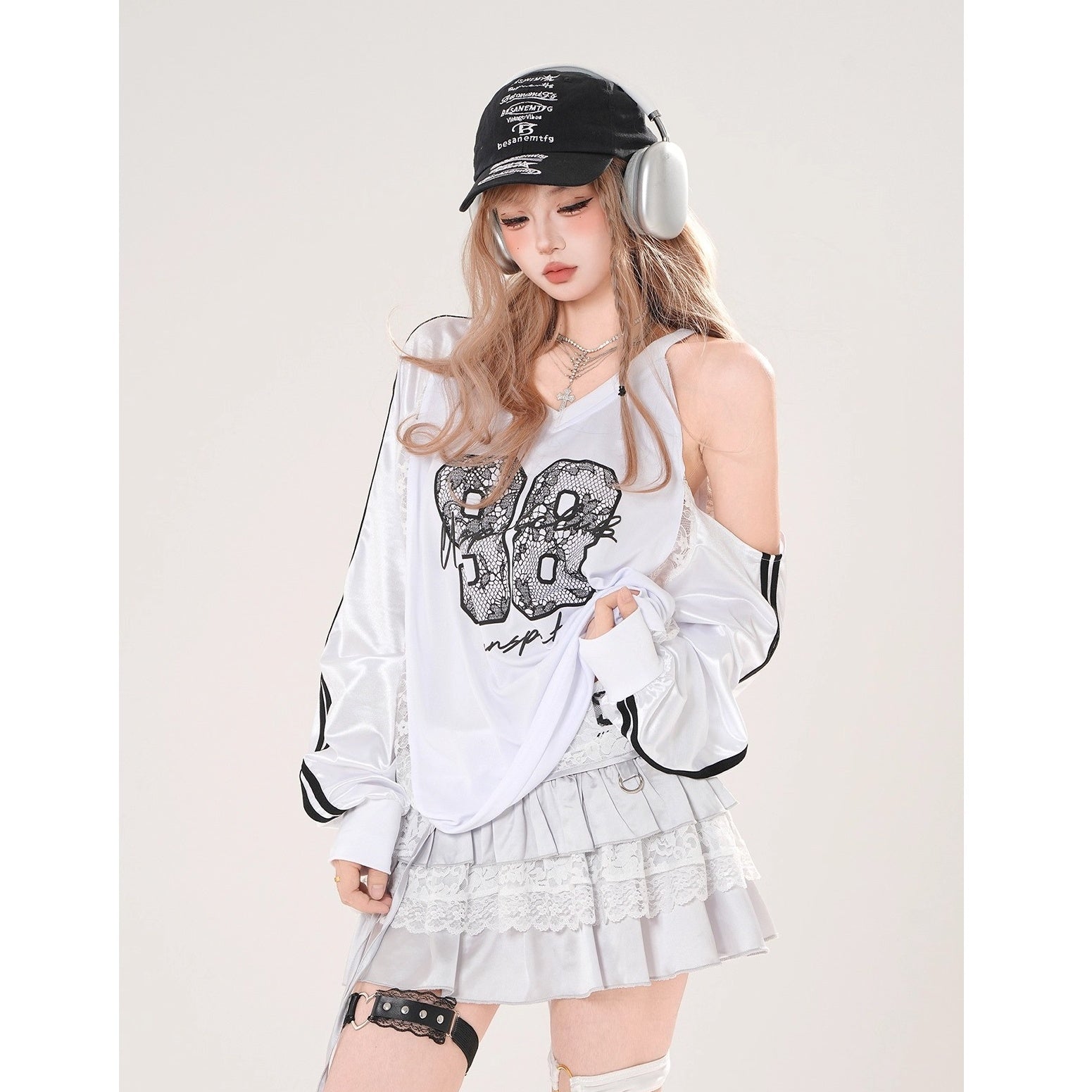 Lace Embroidered Cut-shoulder Loose V-neck Top KK2075