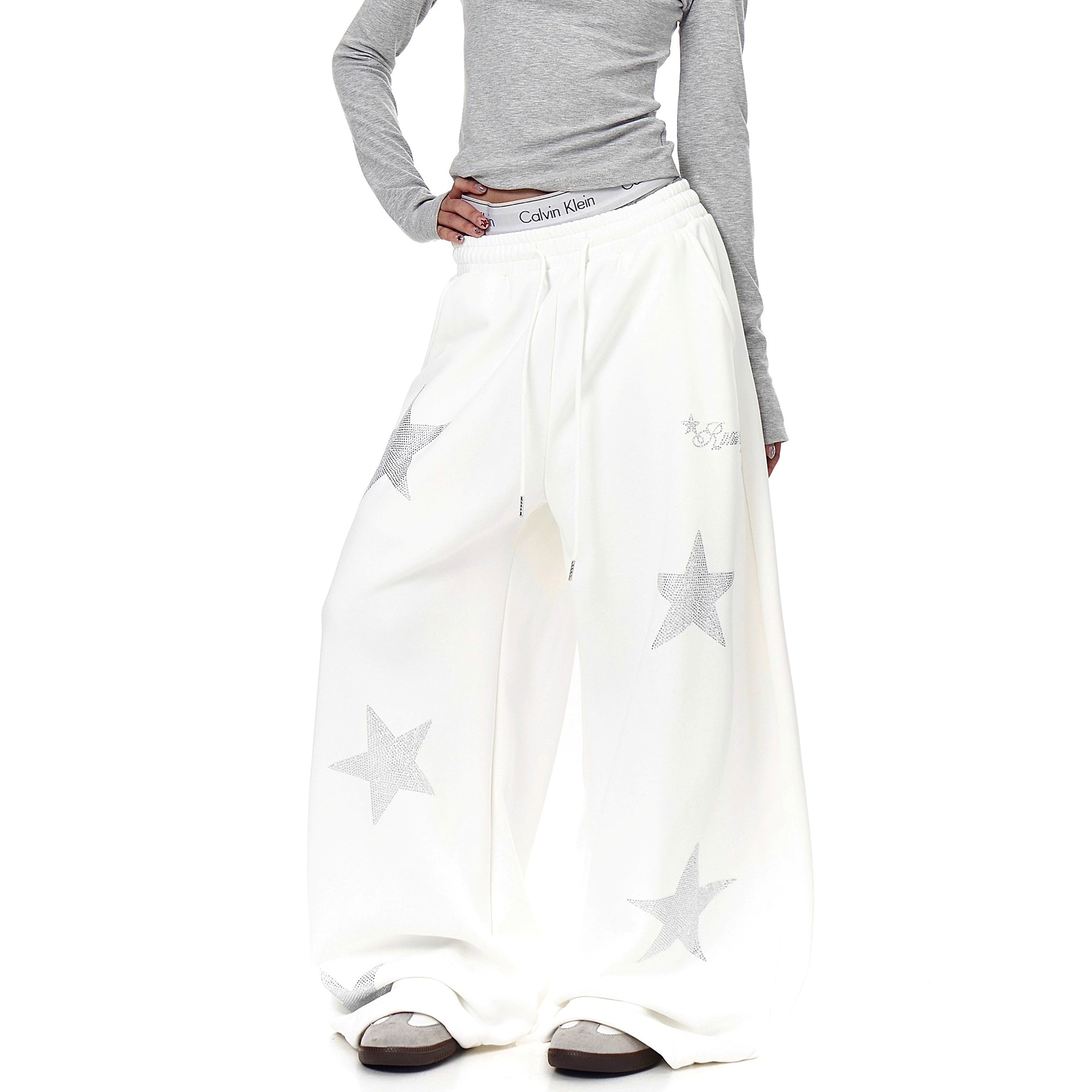 Star Rhinestone Design Curve Sweat Pants BK7060
