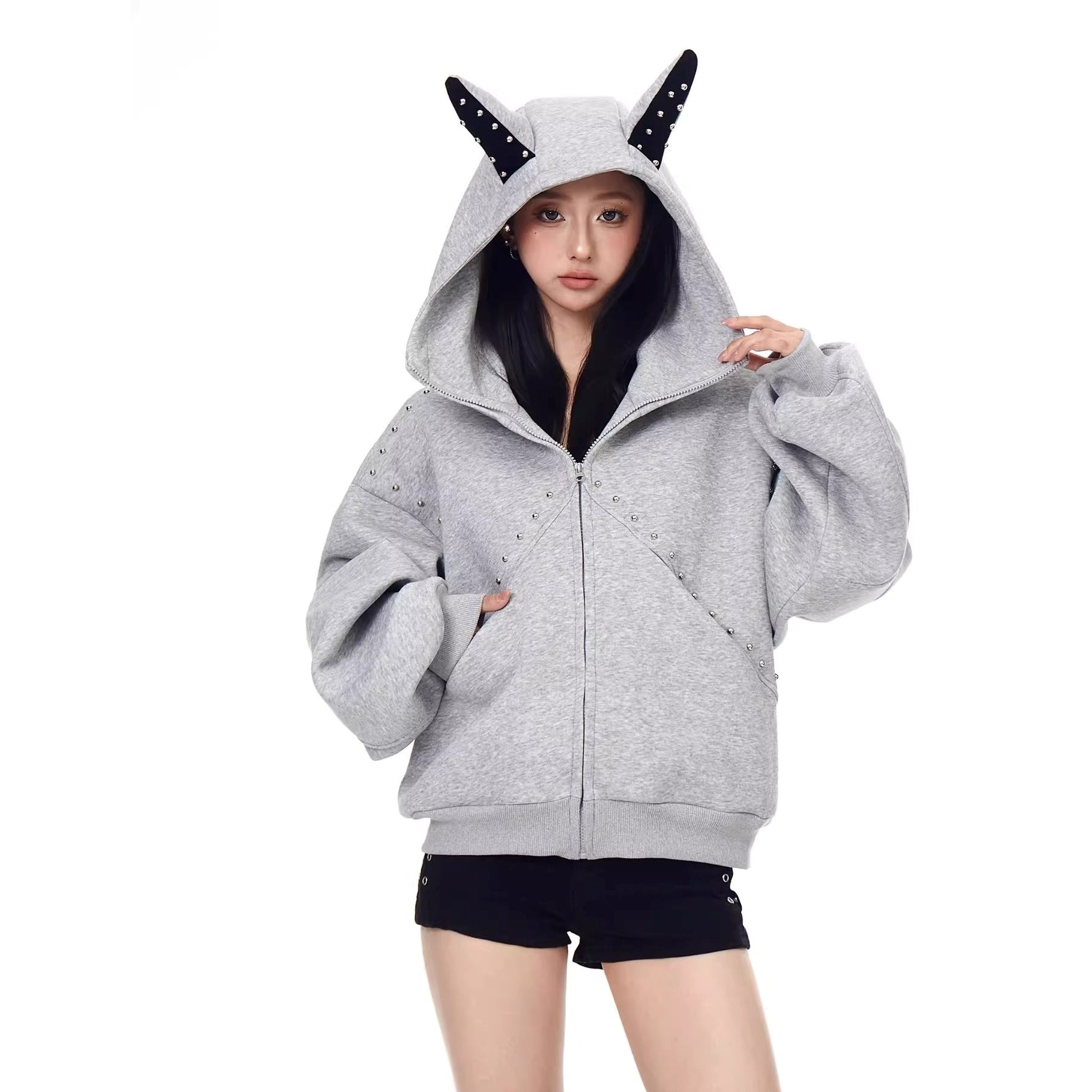 Doberman Pinscher Ears Rivet Hooded Jacket BK7024