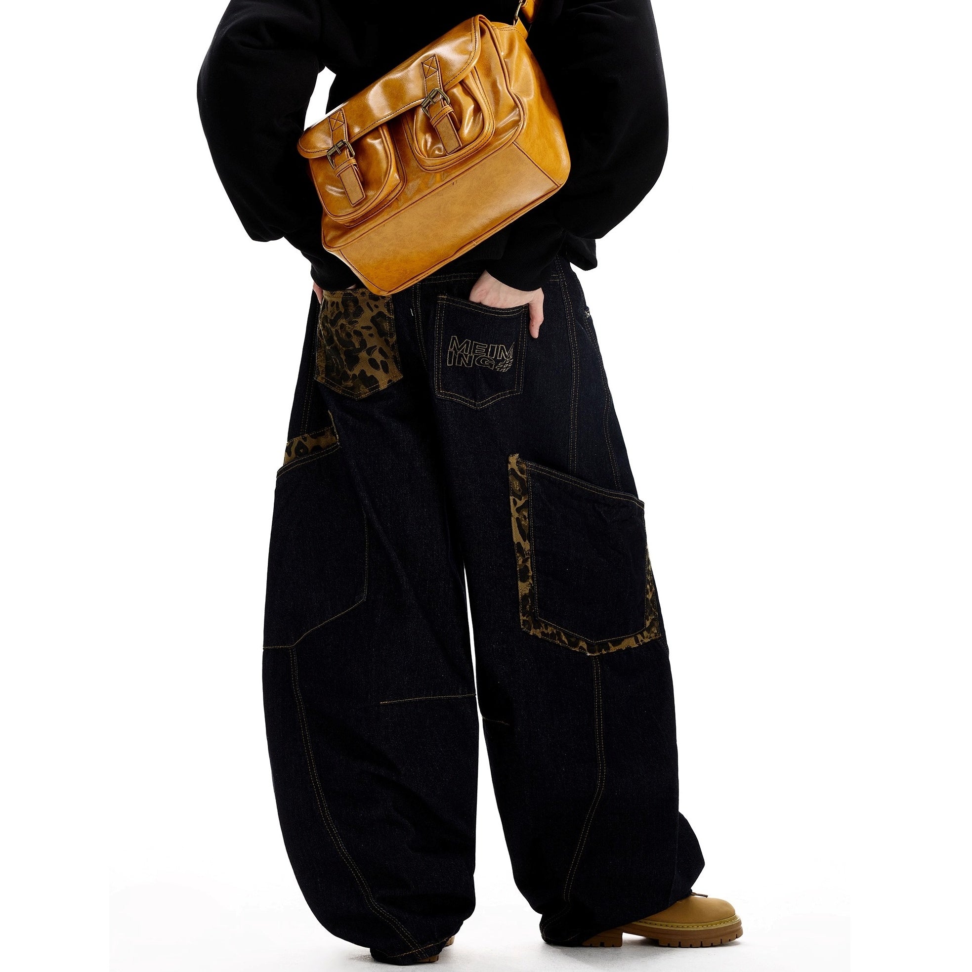 Leopard Print Stitching Large Pocket Design Curve Jeans MW10300