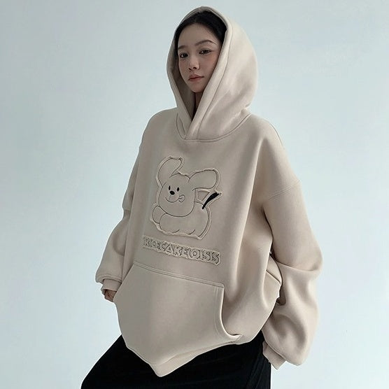 Retro Patch Embroidery Cartoon Plush Hoodie OS2070