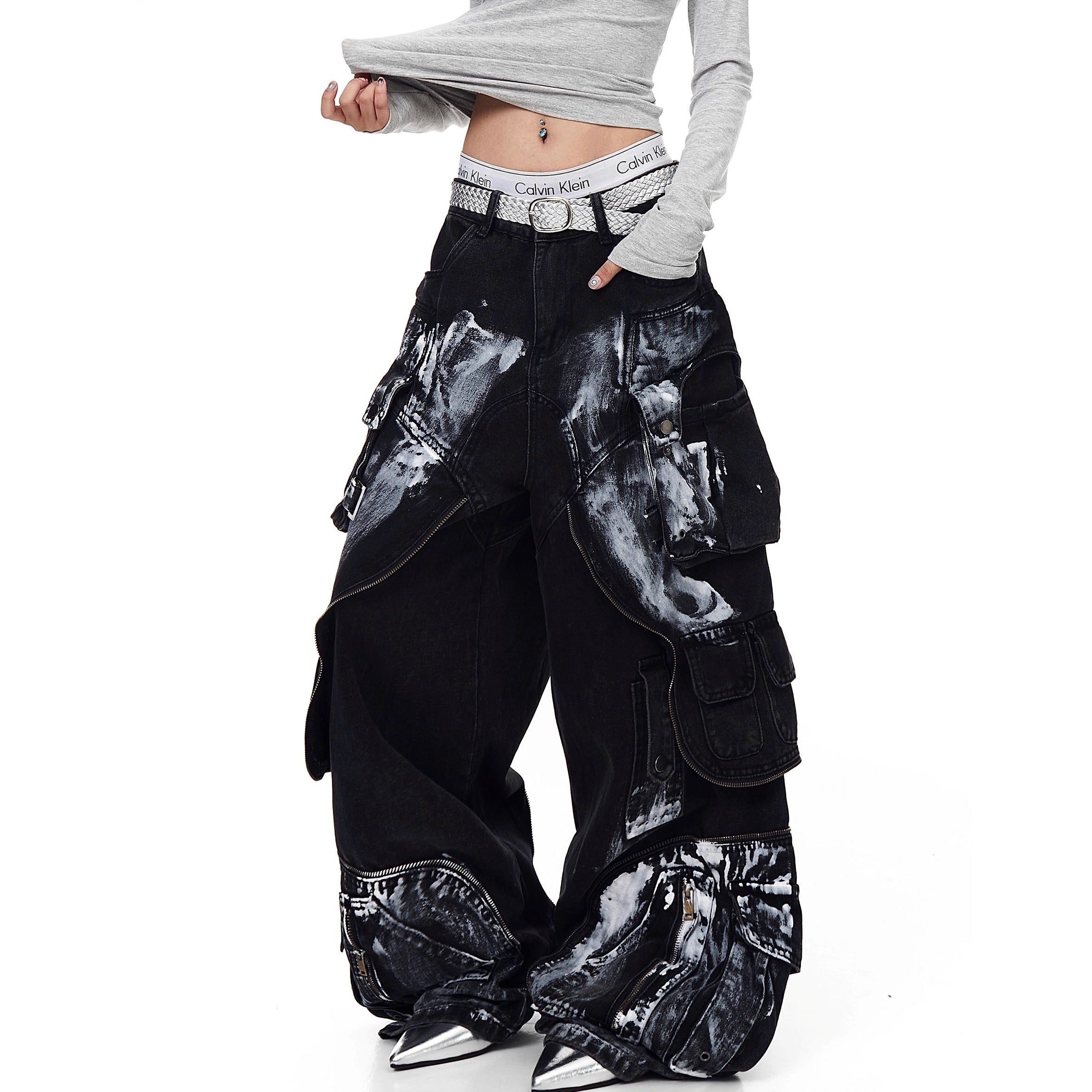 Dirty Worn Zipper Splicing Cargo Jeans BK7043