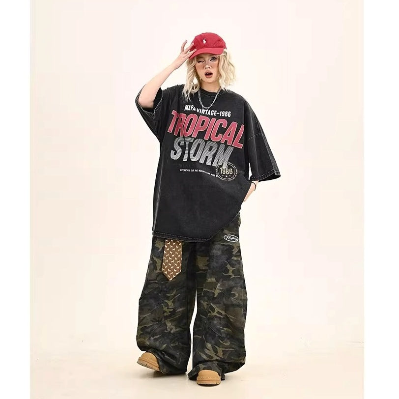 Washed Letter Print Over Size T-shirt MW10372