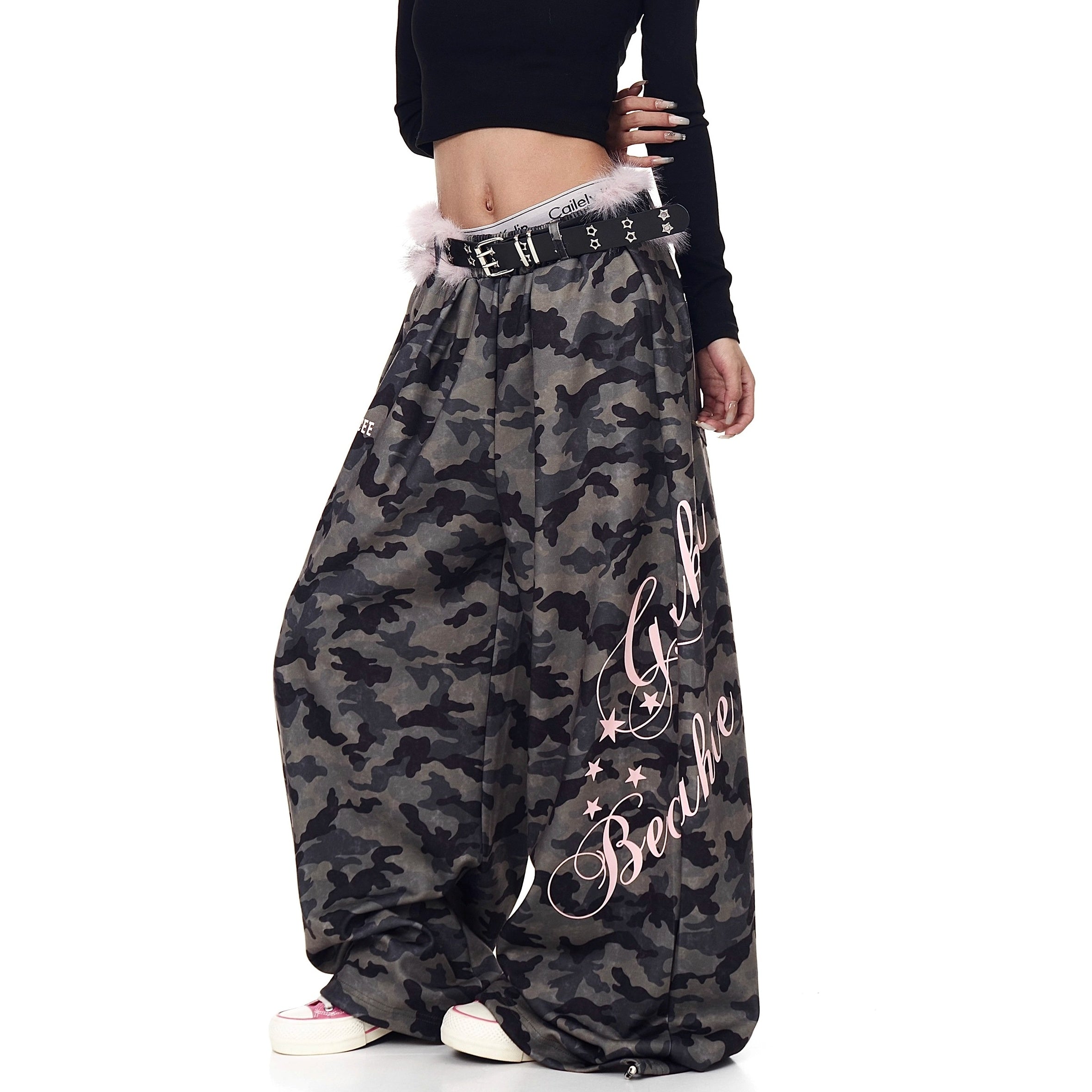 Letter Print Wide Sweat Pants With Fur Belt BK7026