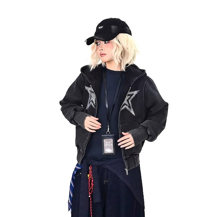 Rhinestone Star Decoration Hooded Parka MW10387