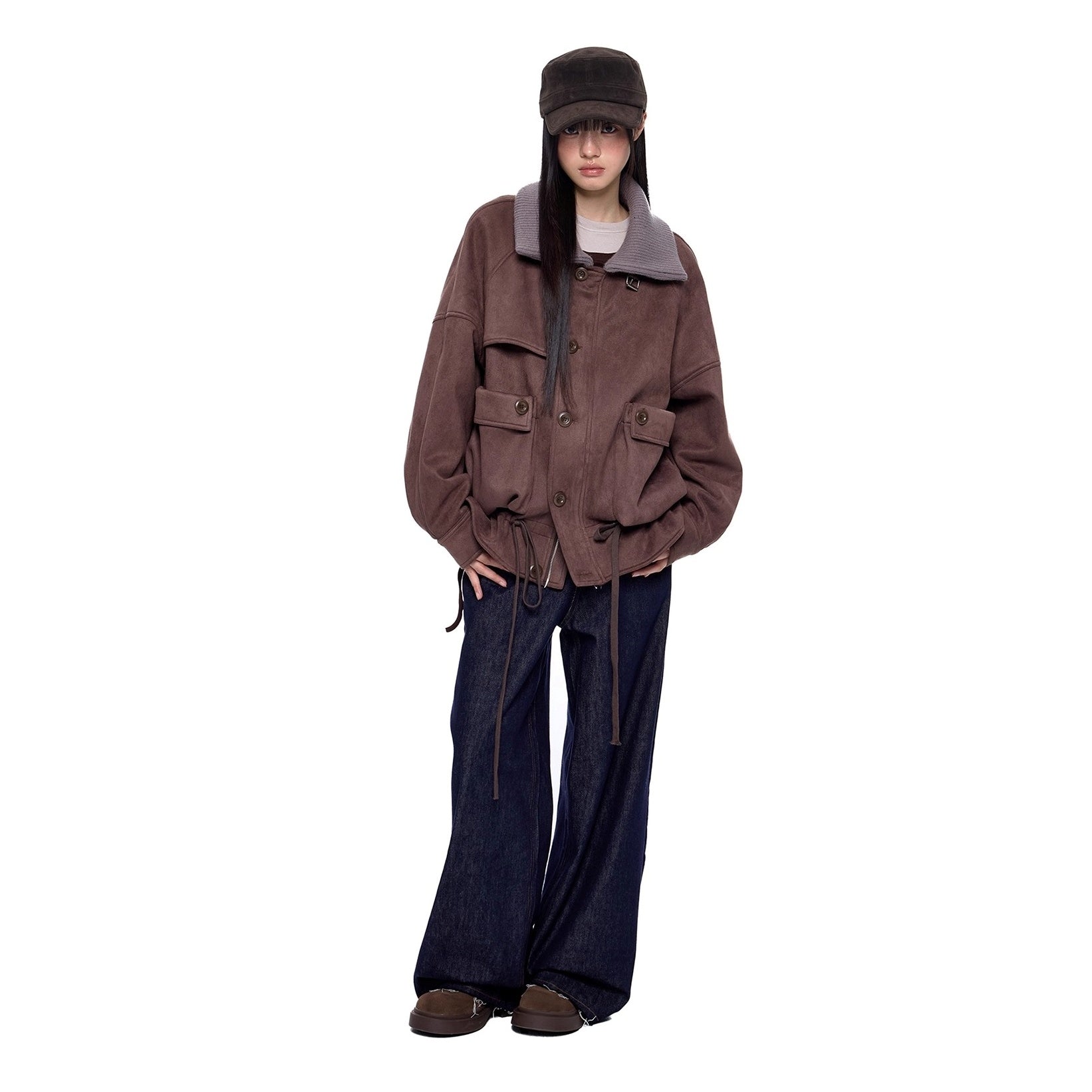 Knitted High Neck Drawstring Faux Suede Jacket EZ252