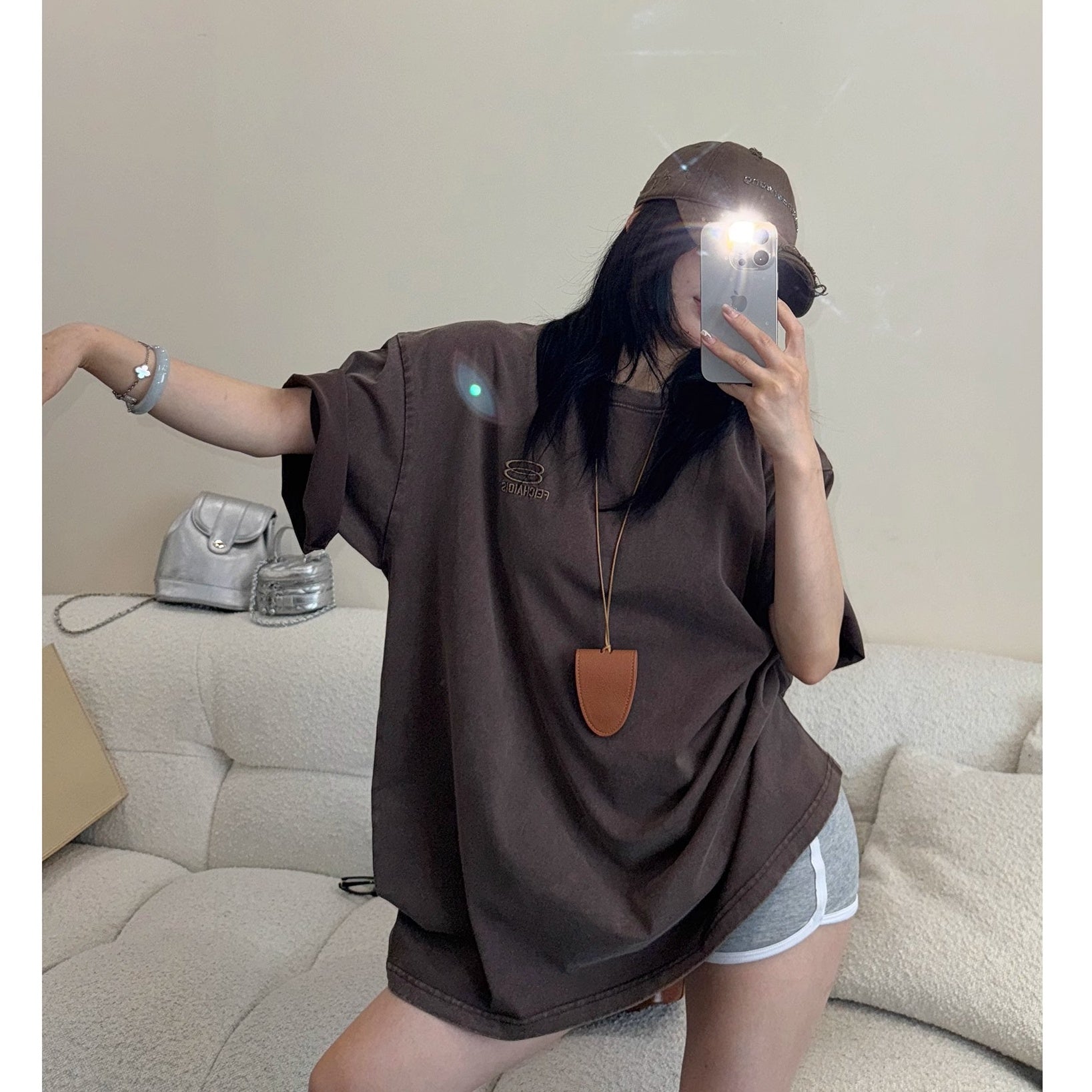 Wash Distressed Embroidery Loose T-shirt OS2013