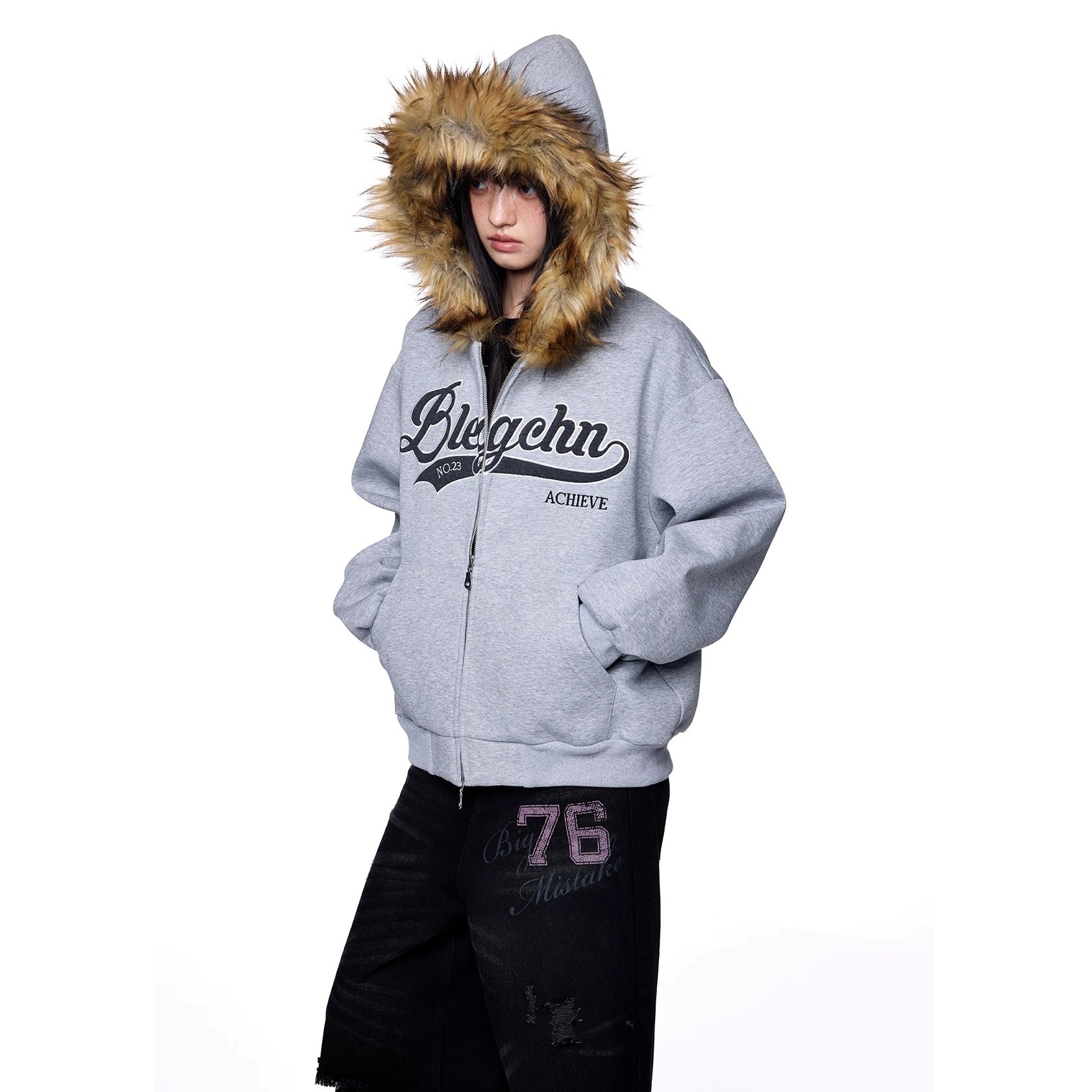 Monogram Embroidered Fur Collar Hooded Sweat Jacket EZ262