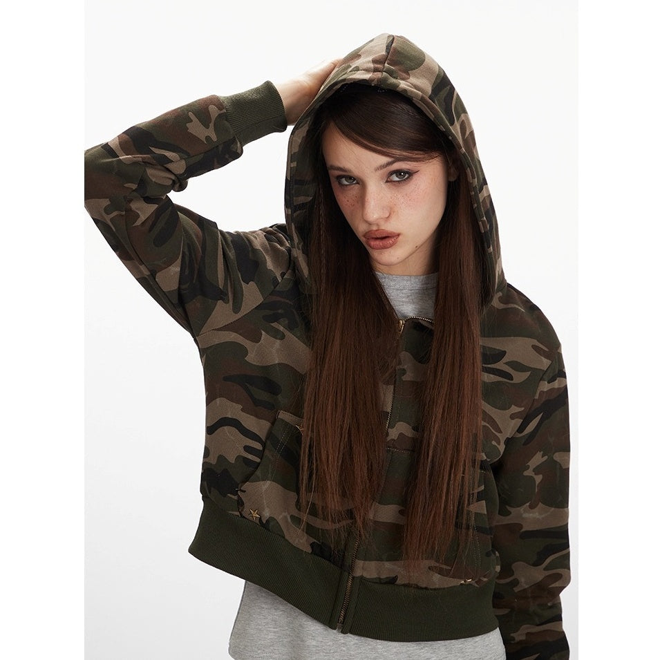 Camouflage Cropped Hooded Sweat Parka MW10292