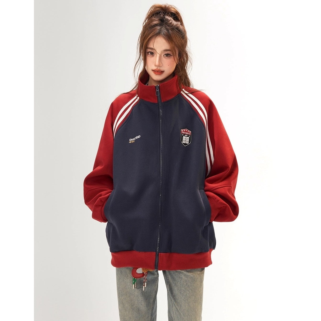 Stand-Collar Raglan Color-blocked Sweat Jacket CA7010
