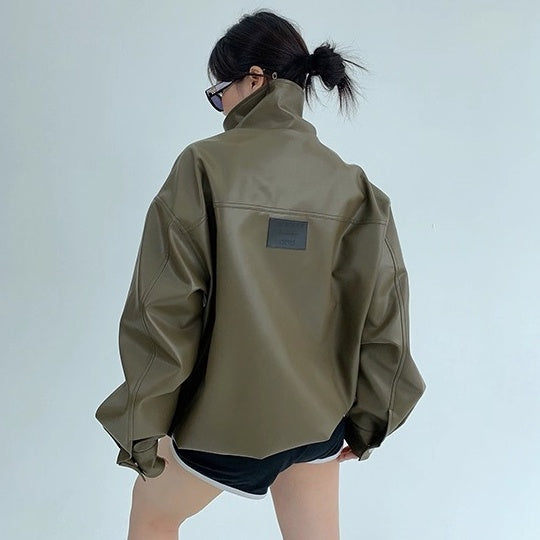 High-Neck PU Leather Jacket OS2046