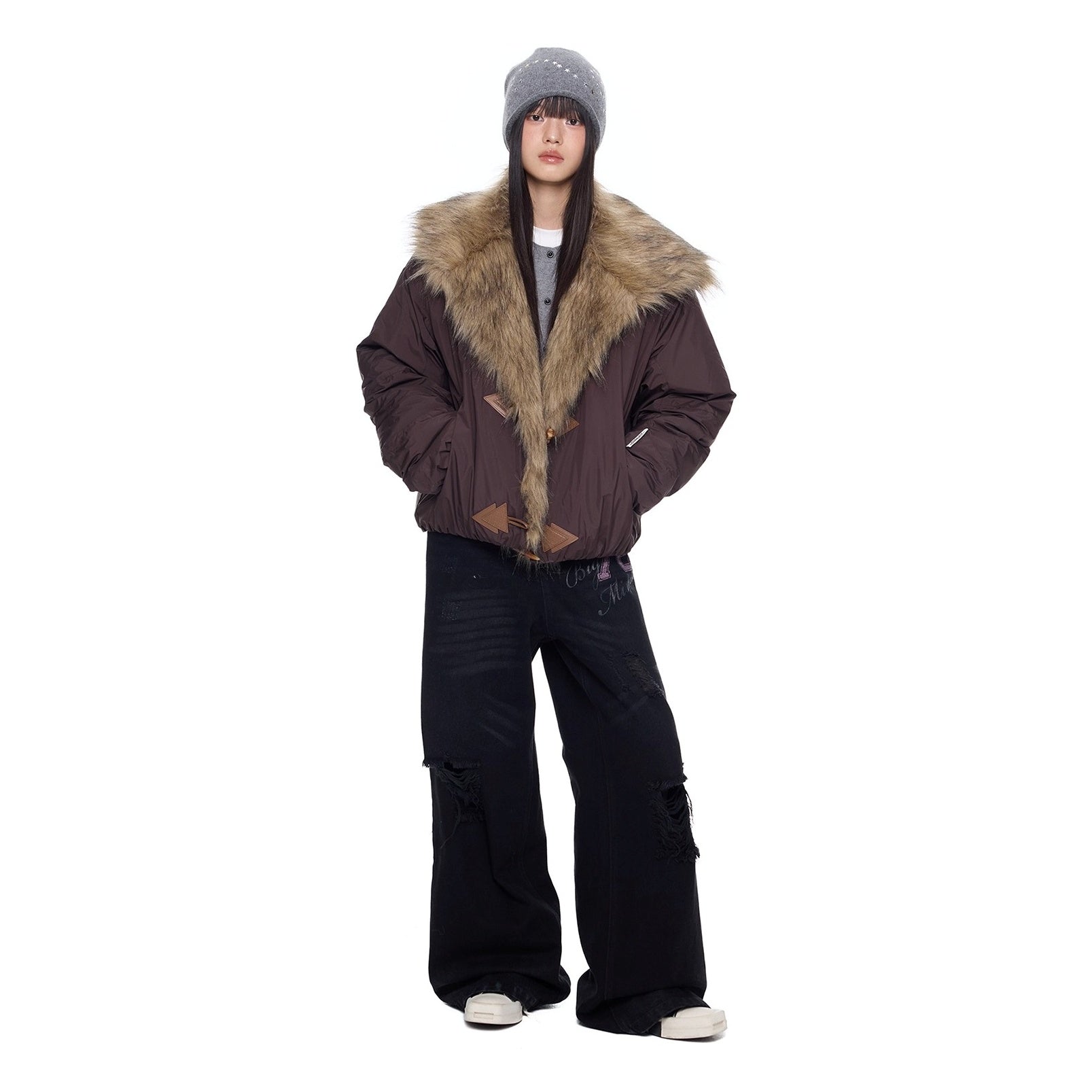 Fluffy Large Lapel Horn Buckle Cropped Jacket EZ289